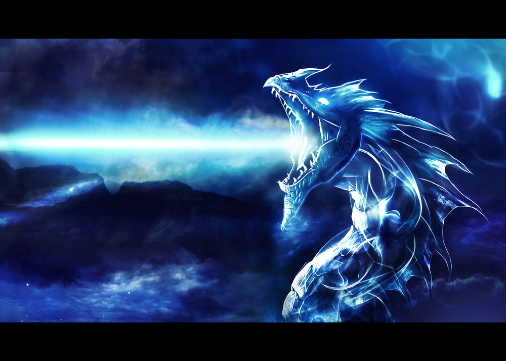 Artistic digital paint of a blue angry dragon firing energy
